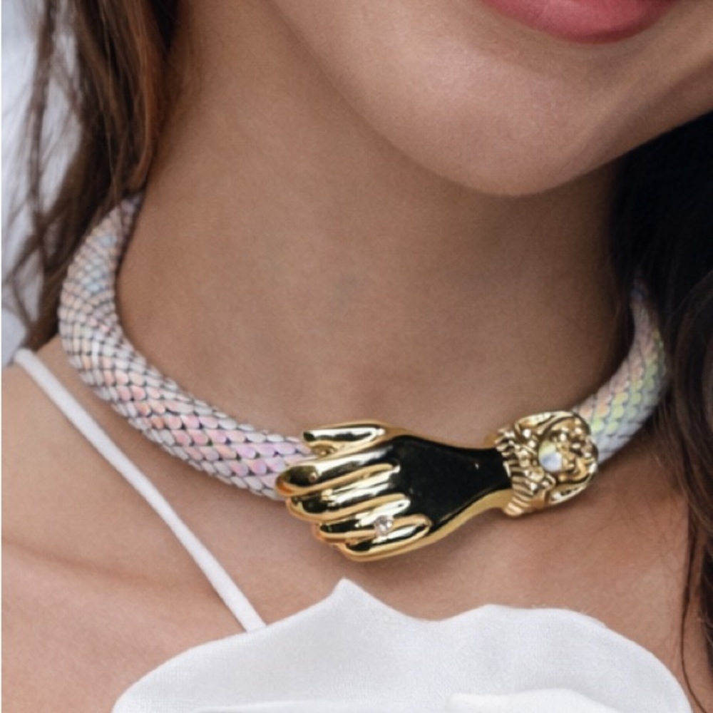 Vintage DL Auld Iridescent White Dragonscale Choker Mesh Snake Collar Necklace